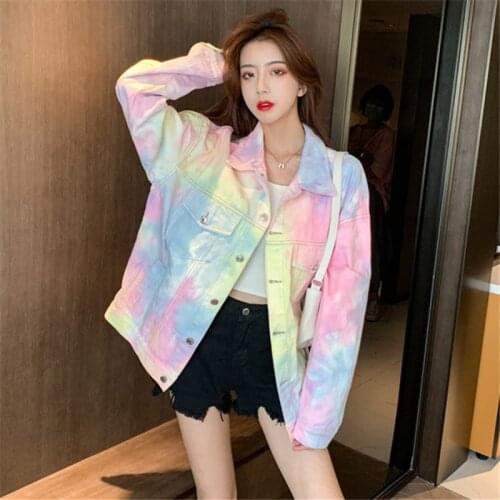 Print Rainbow Denim Jacket Women Spring Autumn Harajuku Casual Long Sleeve Jeans Coat High Street Korean 2021 New Female Outwear