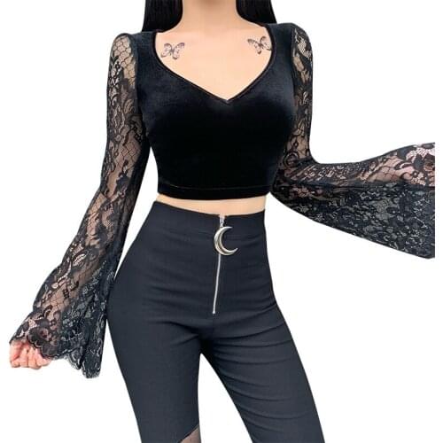Dark Goth Black Sexy Lace Patchwork T-shirt Women V-neck Flare Sleeve Slim Tee Top Street Punk Y2k Vintage T-shirt Femme