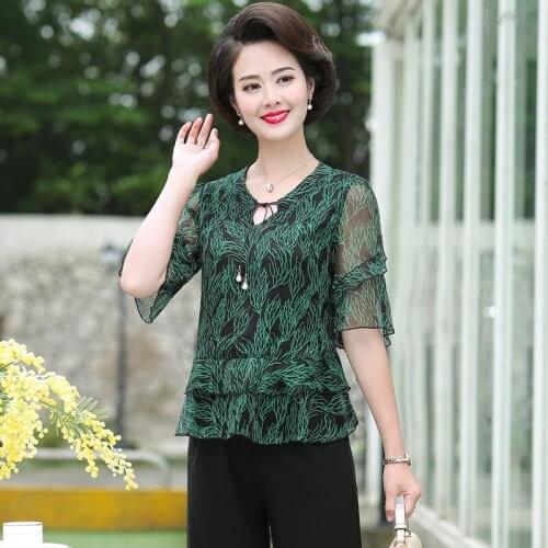 Womens floral printed two pieces suits set with pants summer middle aged mother short- sleeved chiffon thin blouse Trousers fre