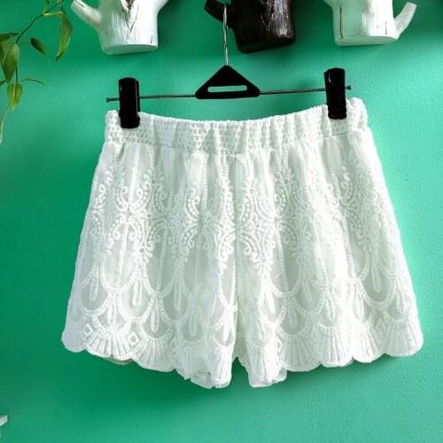 Loose flare Elastic waist boho beach women 2020 white cotton lace shorts floral embroider loose casual summer short pant