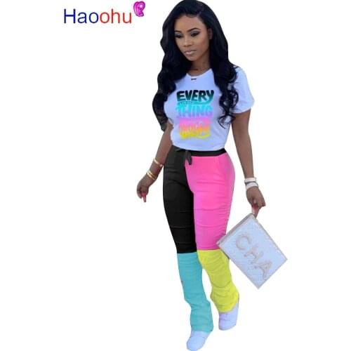 Summer Color Blocks Letter Print Two Piece Set for Women O Neck Short Sleeve Tee Top Drawstring Slim Fit Long Trousers Plus Size