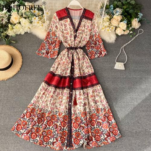 Bohemian Short Flare Sleeves 2020 Summer New V-neck Indie Folk Tassel Floral Embroidery Belt lace up Women Long Casual Dress