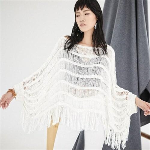 100% hand made pure cotton thin knit women fashion hollow out Oneck tassel short pullover sweater retail wholesale customized