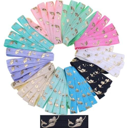 100yards/lot Gold Foil Sea-maid FOE Ribbon Mermaid Fold Over Elastic Hair ties accessories welcome custom design