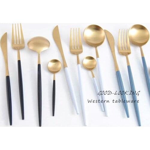 16 Pcs/set Gold European Dinnerware Knife Fork 304 Stainless Steel Western Cutlery Kitchen Food Portugal Tableware Dinner Set