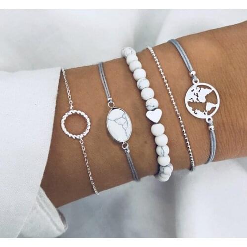 5 Pcs Set Fashion Heart Map Beaded Bracelet Jewelry Gift Bohemian Style Silver Color Beads Bracelets for Women