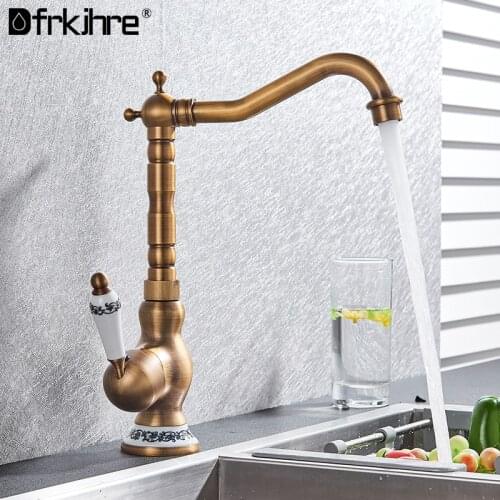Antique Brass Basin Faucet Bathroom Porcelain Creamic Single Handle Mixer Tap 360 Rotation Long Nose Spout Wash Sink Tap