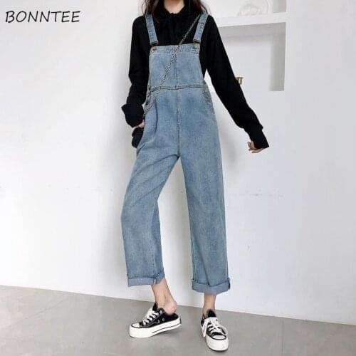Denim Jumpsuits Women Solid Korean Style Frayed Loose Pockets Chic Ulzzang Streetwear Popular College Straight Female Overalls