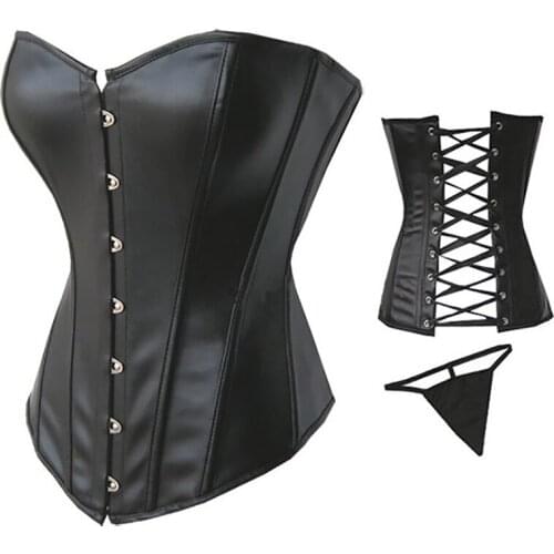 ANDREAGIRL Punk Style Sexy Womens Plus Size Faux Leather Bustier Lace Up Boned Corset Top With G String 8216