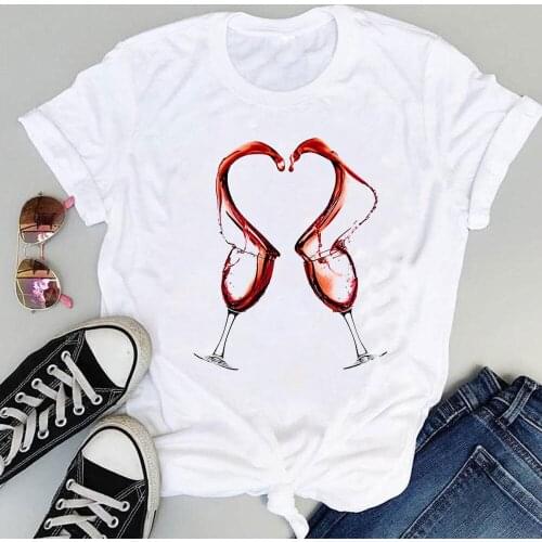 Red Wine Glass with Heart Printed T Shirt New Women T Shirt Lady Women Fashion Short Sleeve Casual Cute Graphic Tops Tee T-shirt
