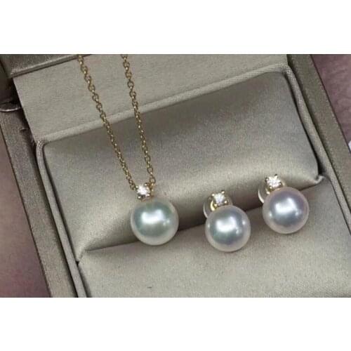 Hot sellnoble jewelry 7.5-8mm Akoya round pearl earring 8.5-9 pendant necklace set 18k solid gold