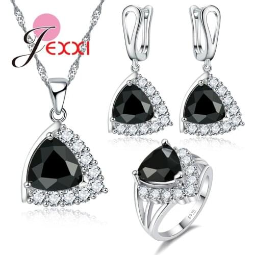 Hot 925 Sterling Silver Bride Jewelry Sets Triangle Black Austrian Crystal Necklace Earrings Rings Wedding Set For Women