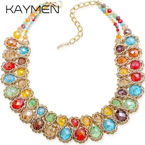 Kaymen New Arrivals Golden Chains with Crystals Beads Choker Neckalce for Women Handmade Girls Bib Strands Necklace Party Prom