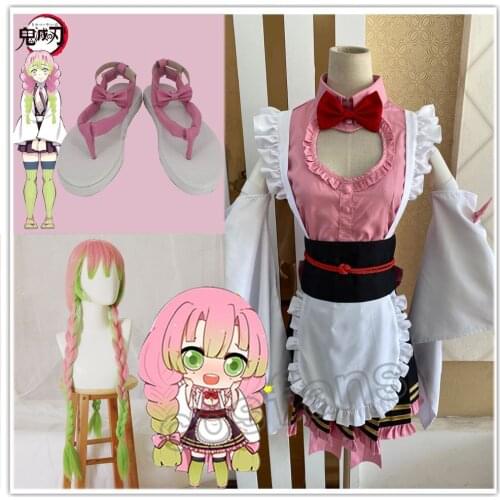 Anime Demon Slayer Kochou Shinobu Kamado Nezuko Kanroji Mitsuri Kibutsuji Muzan Kimono Maid Uniforms Cosplay Costume Wig Shoes