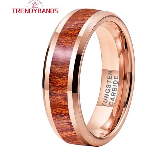 6MM Rose Gold Tungsten Carbide Rings For Men Women Wedding Band Koa Wood Inlay Beveled Edges Comfort Fit
