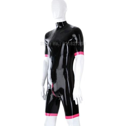 Half Sleeve Latex Catsuit Sexy Rubber Bodysuits Half Pants Men’s Black Tight Clothing Jumpsuit Athletic Wear crotch & back zip