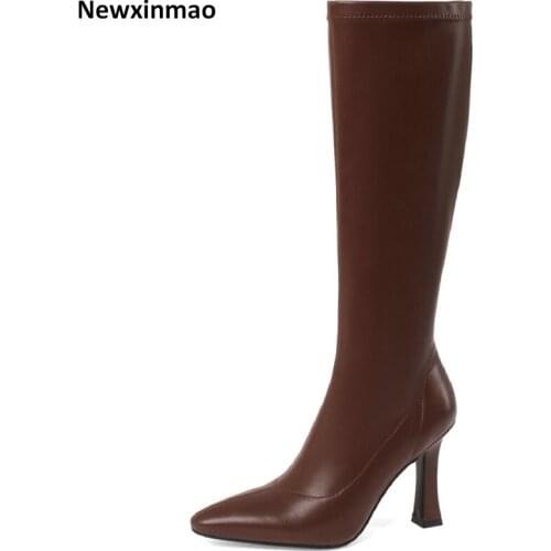 Autumn Winter Zipper Genuine Leather Women Boots 2021 Fashion Pointed Toe High Heels Shoes Wedding Office Lady Knee High Boots