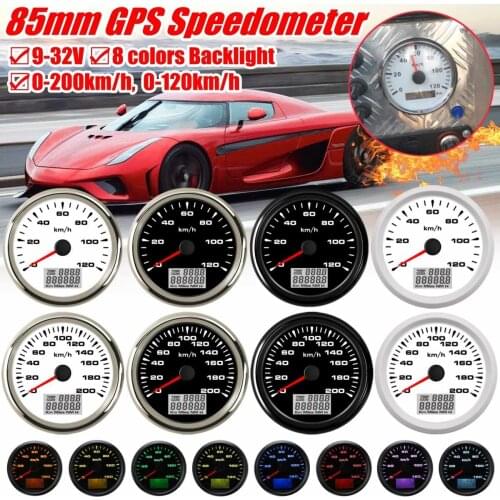 85mm GPS Speedometer Odometers Gauge 0-200/120km/h LCD Display 9-32V with 8 Color Backlight Vehicles Boats Off-Road Vehicles