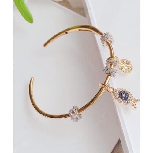 SLJELY Solid 925 Sterling Silver Gold Color Lucky Fish Open Cuff with Sliding Rings Compass Charm Bangle Bracelet Women Jewelry