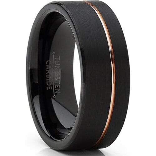 Customize Tungsten Carbide Wedding Band 6mm/8mm Rose Gold Line Ring Black Brushed Comfort Fit - No Stock