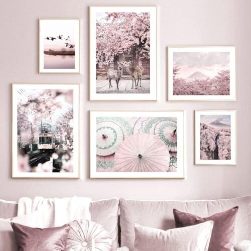 Pink Mount Fuji Cherry Flower Deer Calm Lake Bird Nordic Poster Wall Art Print Canvas Painting Decor Pictures For Living Room