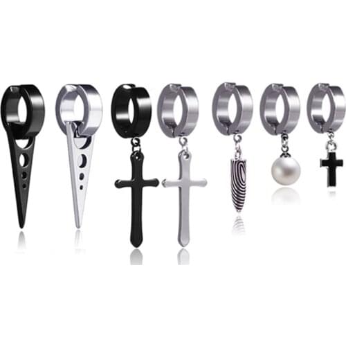 SexeMara 1 Piece Fashion Cross Pendant Punk Round Cartilage Stainless Steel Earring for Women Men Piercing Stud Earrings Gift