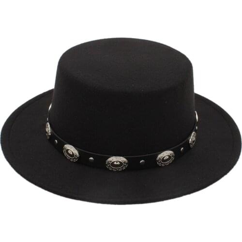 Wool Women Flat Homburg Fedpra Hat Winter Autumn Elegant Hat Wool Pork Pie Boater Hat with Punk Belt Tocados Invitada Boda