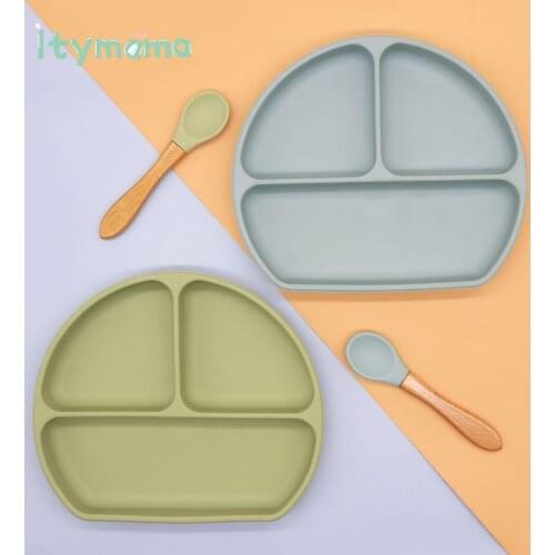 Baby Silicone Dining Plate Baby Feeding Bowl Children Tableware Waterproof Wooden Spoon BPA Free Silicone Dishes Baby Plate