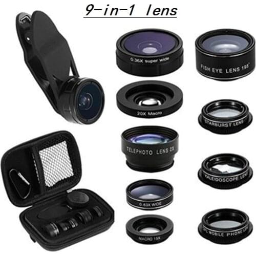 9in1 universal mobile phone lens 0.36 times wide angle fisheye CPL six-segment camera lens for iPhone 7 8 plus mobile phone lens