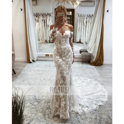 New Arrival Gorgerous Dubai Evening Gown For Bride Lace Applique Long Sleeve Evening Dress For Wedding Off Shoulder Long Train