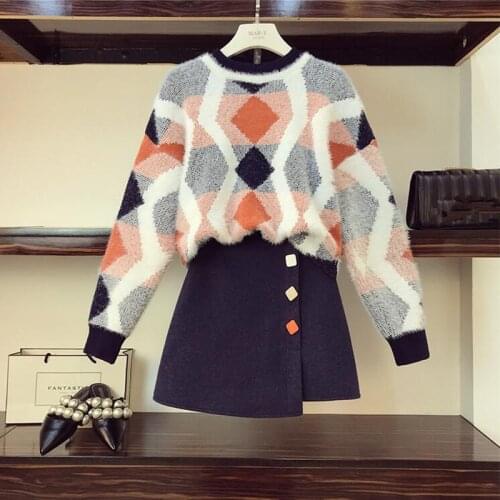 Hepburn style 2021 Winter New Fashion Color Matching Ggeometric Rhombic Mohair Knit Sweater With Woolen Skirt Two-piece suit