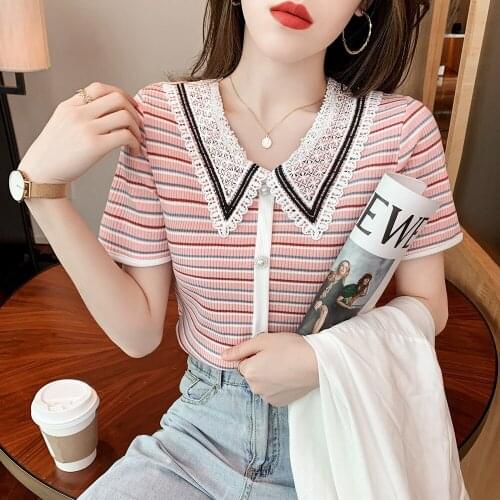 Summer T Shirt Women 2021 New Design Feeling Stripe Short Sleeve Lace Collar Doll Tall Waist Female Female Tee Tshirts SZH561628