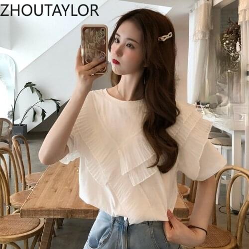 ZHOUTAYLOR Women Shirts Summer New 2021Office Lady O-Neck Short Sleeve Blouse Femme Spliced Fashion Sweet Tops Female S0363