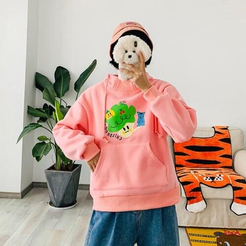 Spring New Arrivals Sweet Women Hoodies Cotton Pullover Sweatshirts Pink Hooded Cute Cartoon Print Fleece Liner Warm Jumpers Top