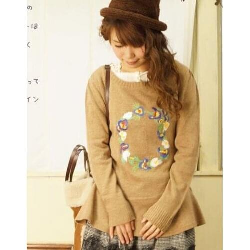 Mori Girl Floral Embroidery Wool Sweater Women Knit Pullover Tops Lolita Kawaii Knitwear Sweater Outerwear Hippie Boho coat