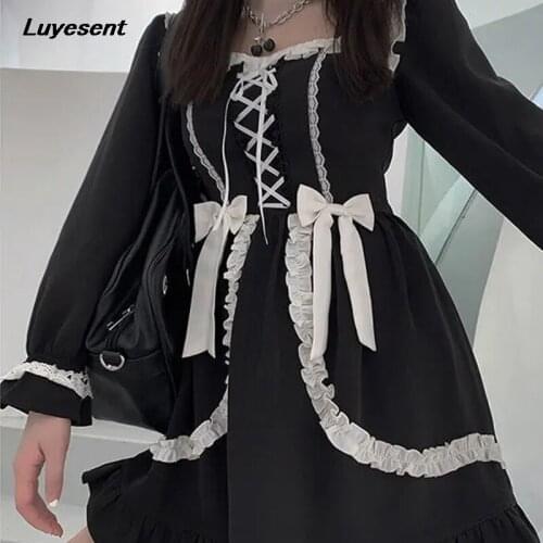 Women Gothic Contrast Color Street Dress 2021 Lady Bow Lace-up Square Collar Lace Spliced Long Sleeve Ruffles Streetwear Dresses