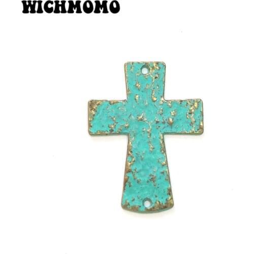2019 New 40*30mm 5pcs Cross Porous Linker Retro Patina Plated Zinc Alloy Green Connectors for DIY Necklace Charms