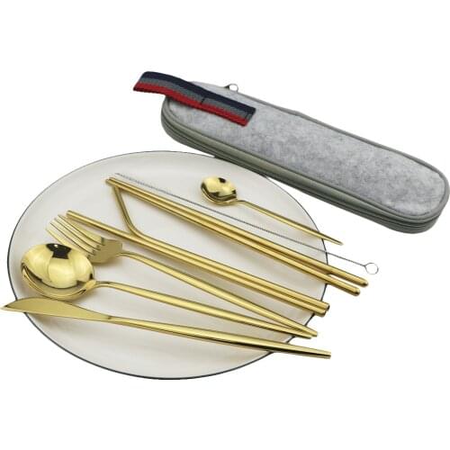 9Pcs/Set Gold Dinnerware Travel Camping Cutlery Set Stainless Steel Tableware With Metal Straw Brush Chopsticks Portable Case