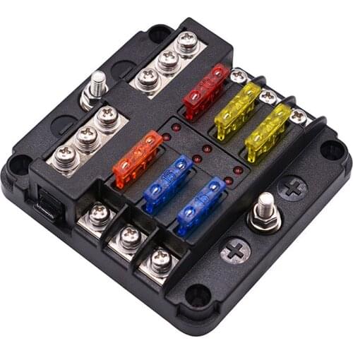 Automobile independent positive and negative fuse box with LED indicator 1 in 6 out screw connection type