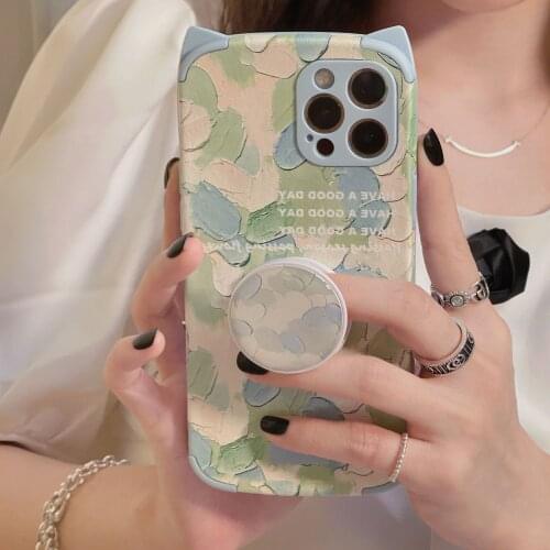 Art Green Oil Painting Phone Case For iPhone 11 Pro Max 12 Pro Max X Xs Max Xr 7 8 Puls SE Cases 3D Bracket Soft Leather Cover