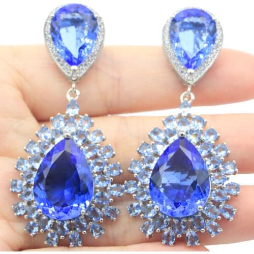 63x16mm Anniversary Long Created Red Blood Ruby London Blue Topaz White CZ For Sister Jewelry Silver Earrings