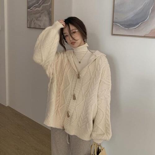Womens Button Hooded Twist Sweater Fall Winter 2021 New Thick Loose Large Size Lazy Knit Cardigan y2k Harajuku Genshin mpact