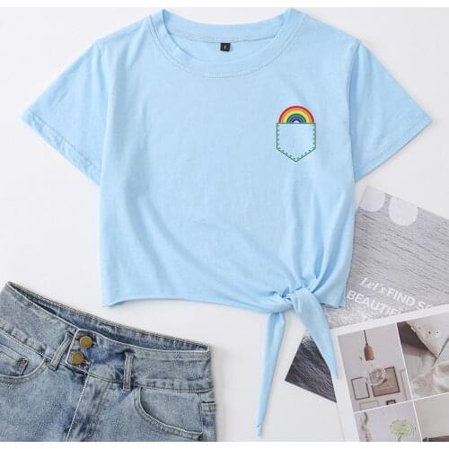 Rainbow Pocket LGBT Pride Knotted Crop Top Shirt Womens Summer Short Sleeve Cotton T-Shirt Cropped Tops Tee with Front Tie Knot