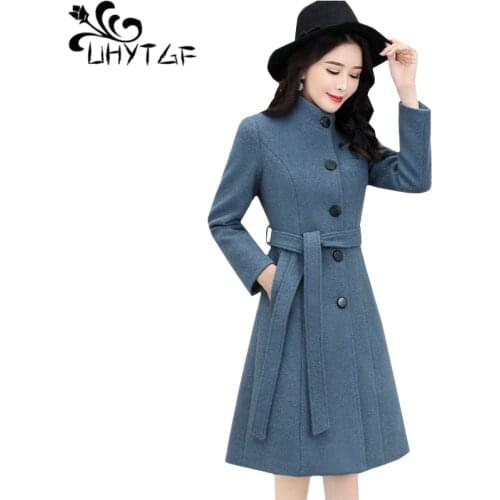 UHYTGF Korean Women Winter Coat fashion Standing collar Slim Female Wool jacket Temperament Lady plus size Woolen Outerwear1177