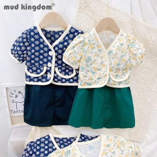 Mudkingdom Shirts Skirt Sets Mother Daughter Family Matching Summer Vintage Floral Puff Sleeve Tops Solid Skirts Clothes Outfits