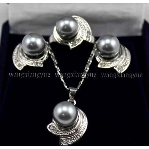 10MM Gray South sea Shell Pearl Earrings Ring & Necklace Pendant Set AAA+ Jewelry