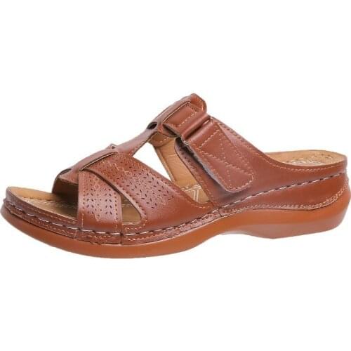 2021 New Summer Retro Womens Sandals Sewing Women Casual Wedge Shoes Woman Lady Buckle Strap Hook Loop Soft Platform Slippers