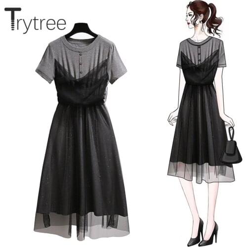 Trytree 2020 Summer Dress Women Casual Dress O-neck Patchwork Mesh Button 2 Color Dress Fashion Elegant A-line Mid-Calf Dress