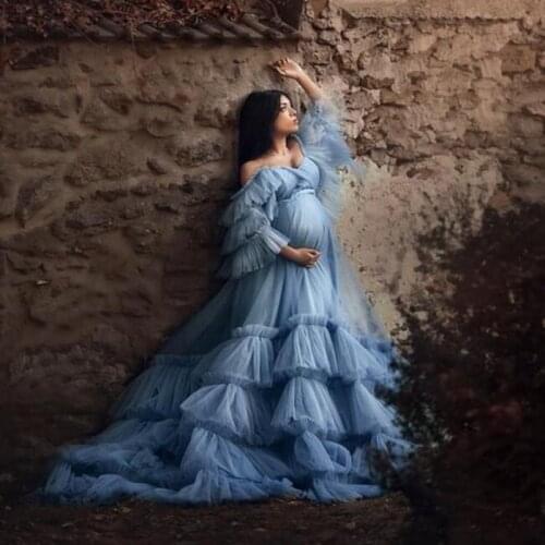 Elegant Blue Tulle Maternity Dress For Photo Shoot Off The Shoulder Fluffy Tulle Photography Women Dress for Baby Shower Gowns