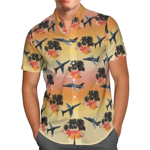 Plane Print Short Sleeve Shirts For Men Loose Cardigan Button Shirt Plus Size Hawaiian Style Summer 2021 Ventilated Shirt-227